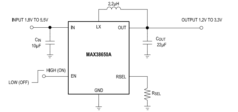 Applikations-Schaltungsdiagramm - Analog Devices / Maxim Integrated MAX38650 nanoPower-Abwärtswandler